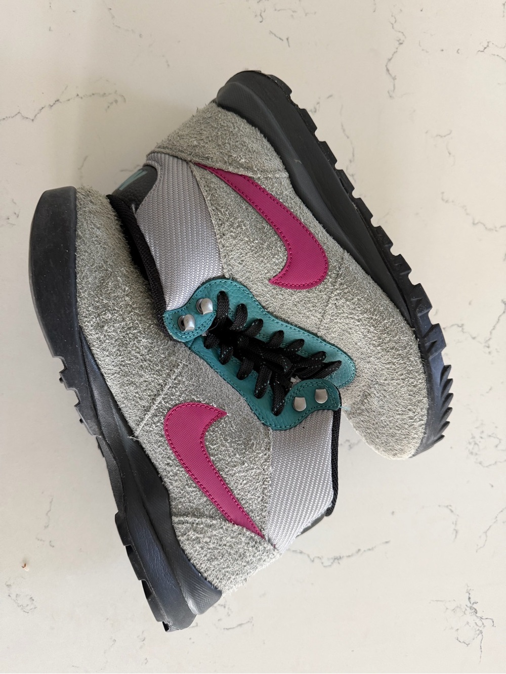 Nike Grey Suede Sneakers with Pink Swoosh and Teal Eyelets